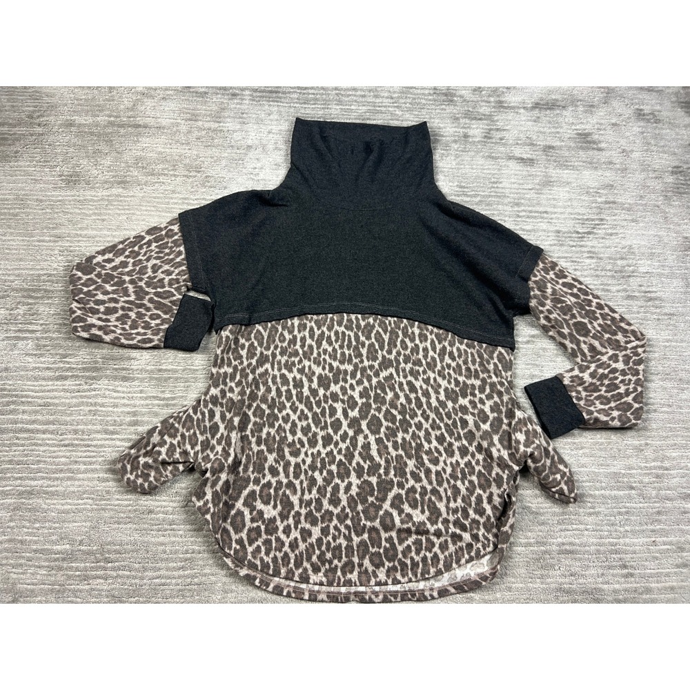 CY Fashion Pullover Womens XL Grey Leopard Print Mock Neck Mixed Media Top